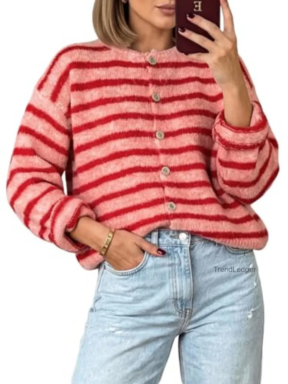 Striped Colorblock Button Front Cropped Cardigan Sweater